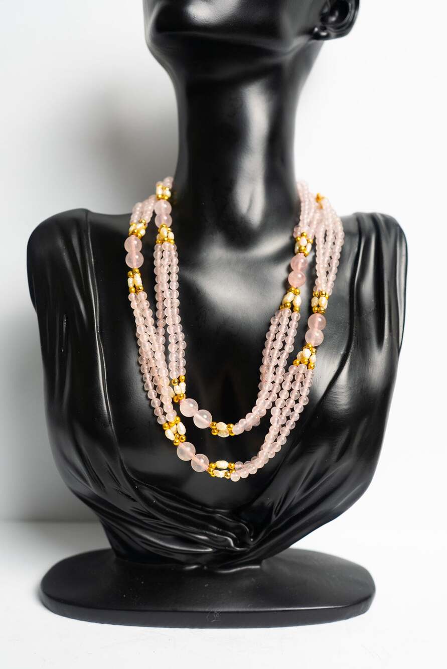 Vtg 1980s Rose Quartz Freshwater Pearl Necklace Multi Strand 60" Endless Flapper